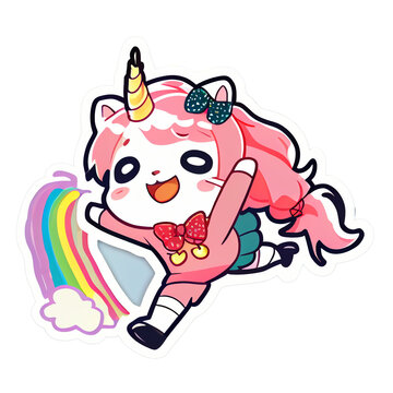 Cute anime kawaii style unicorn on the rainbow jumping and smiling, isolated