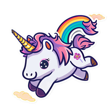 Cute anime kawaii style unicorn on the rainbow jumping and smiling, isolated