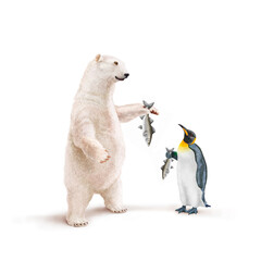 ours blanc, manchot empereur, frigide, bar, poisson à la main, neige, pêcher, montrant, faune, illustration, arctique, hiver, blanc, glace, animal, nature