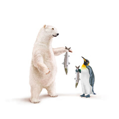 ours blanc, manchot empereur, frigide,barracuda, poisson à la main,  neige, pêcher, montrant, faune, illustration, arctique, hiver, blanc, glace, animal, nature