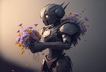 Robot or AI holding flowers. Art. Illustration. Generative AI.