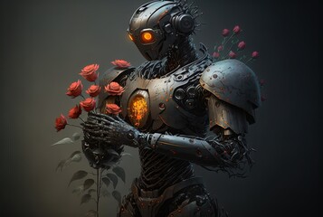 Robot or AI holding flowers. Art. Illustration. Generative AI.