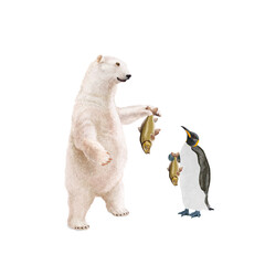 ours blanc, manchot empereur, frigide, carpe, poisson à la main,  neige, pêcher, montrant, faune, illustration, arctique, hiver, blanc, glace, animal, nature