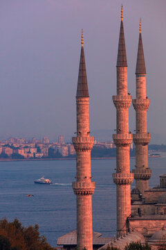Minarets of the Blue Mosque along the Bosporus; Istanbul, Istanbul Province, Turkey