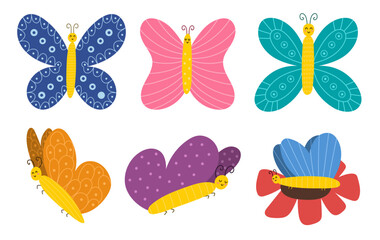 Hand drawn butterflies set. Cute insects in cartoon style for baby and kids design. Vector illustration