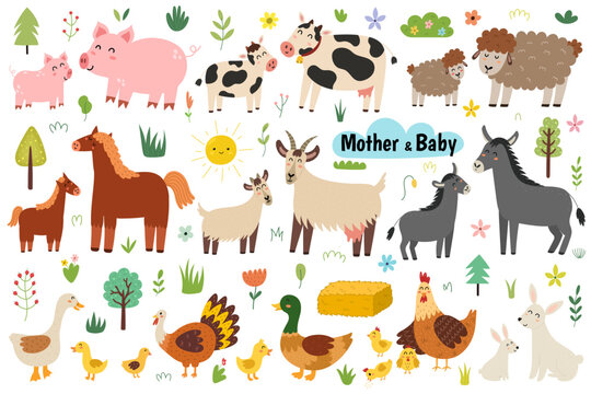 Cute mother and baby farm animals set. Big collection with sheep, pig, cow, duck, horse, hen, goat, donkey moms and their babies. Mother Day bundle with funny animals and plants. Vector illustration