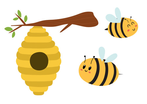 Cute honey bees characters and beehive hanging on the tree. Funny cartoon insects set. Vector illustration