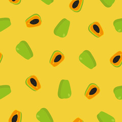 Bright seamless pattern with whole and half papaya fruit in vector on yellow background