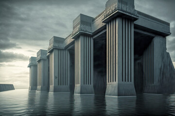 Obraz premium Architektonische Kolosalbauwerke Wellenkraftwerk Tsunami Wall Schutzwall Gigantische Haltesysteme Kraftwerk Alternative Generative AI Digital Art Background Hintergrund Illustration Brainstorming