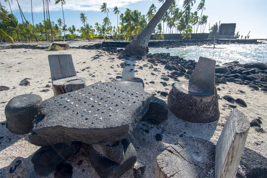 A stone papamū (playing surface) at Puʻuhonua o Hōnaunau Historical Park, Hawaii Island, Hawaii, USA