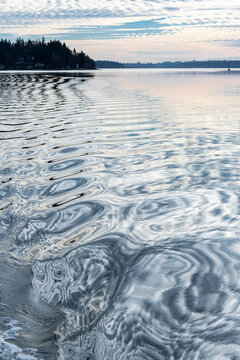 The repeating reflective patterns of a wake astern of a boat traversing Budd Inlet, Puget Sound, Washington, USA; Olympia, Washington, United States of America