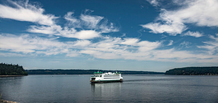 Chetzemoka Ferry crossing Commencement Bay from Point Defiance to Vashon Island, Puget Sound; Tacoma, Washington, United States of America