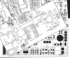 Vector electrical schematic diagram of an digital electronic device.
Drawings of an electronic device on white paper sheets.