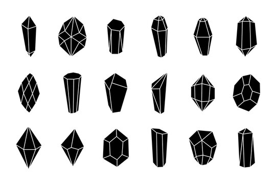 Crystal Minerals Black Silhouette Icon Set. Geometric Gem Stone Collection. Jewelry And Diamond Vector Eps Isolated Contour Illustration