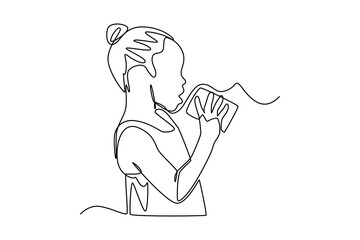 Continuous one line drawing happy girl using cans string for talking. Communication concept. Single line draw design vector graphic illustration.