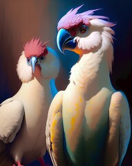 Bright cockatoo birds. Birds, fluffy white, colorful