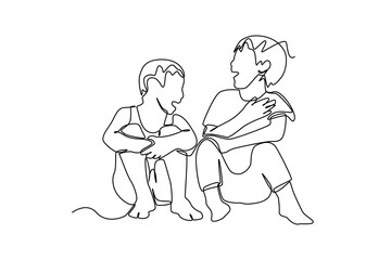 Continuous one line drawing two boy kids talking and discussing. Communication concept. Single line draw design vector graphic illustration.