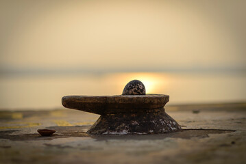 Close-up of a Shiva Linga, abstract representation of the Hindu God Shiva, in Shaivism; Varanasi, India