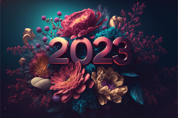 a beautiful 3d 2023 new year design with flowers - obrazy, fototapety, plakaty