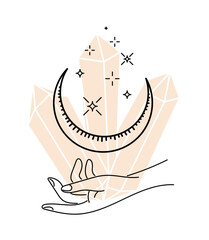 Mystic celestial crystals in moon and stars levitate over feminine hand. Witch spirituality linear mystical gemstone. Magic or healing mineral outline symbol. Esoteric tattoo or logo sketch. Vector