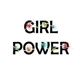girl power text with split letters and multicolored glitters on white background