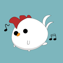 White cute little chicken dancing on blue background
