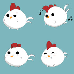 Cute little white chickens on blue bakcgorund