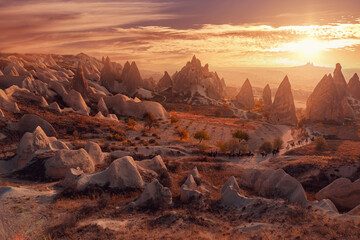 Beautiful landscape Cappadocia stone and old cave house with horse tour in Goreme national park Turkey Sunset