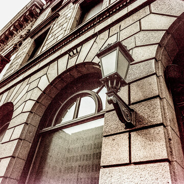 Decorative fanlight at the entrance to Four Sixty Main Street, the Royal Bank of Canada Building, showing detail of the historic architecture; Winnipeg, Manitoba, Canada