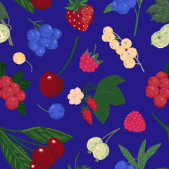 Seamless pattern of different berries. Summer fruit berry ornament. Cartoon flat vector illustration. Fresh abstract design.