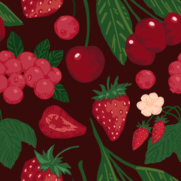 Seamless Pattern Of Different Red Berries. Summer Fruit Berry Ornament. Cartoon Flat Vector Illustration. Fresh Abstract Design.