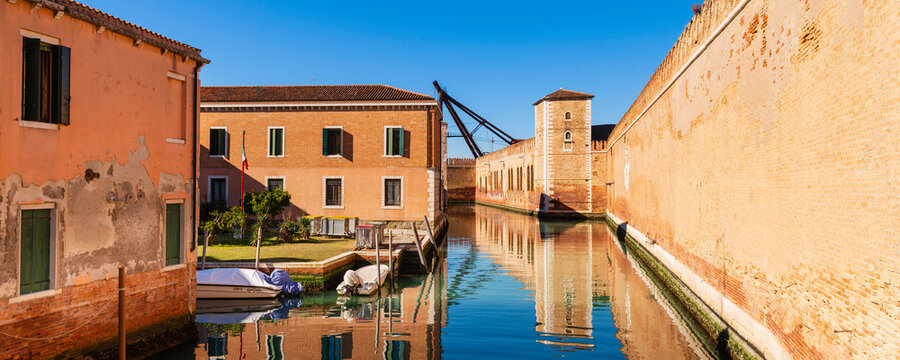 Walls of the old naval Arsenal at Rio Delle Vergini; Venice, Veneto, Italy