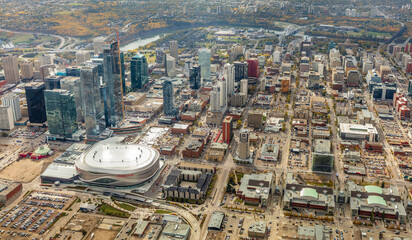 Aerial view of the city of Edmonton, Alberta featuring the downtown core or city centre; Edmonton, Alberta, Canada