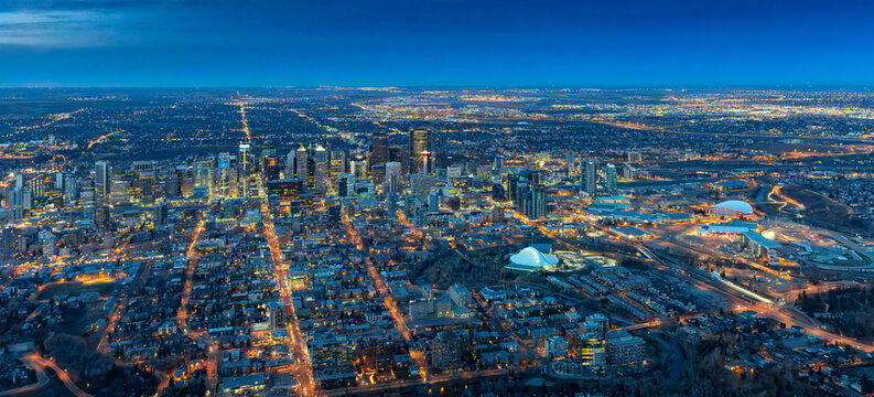 Aerial evening view looking north towards downtown Calgary, Alberta, Canada; Calgary, Alberta, Canada