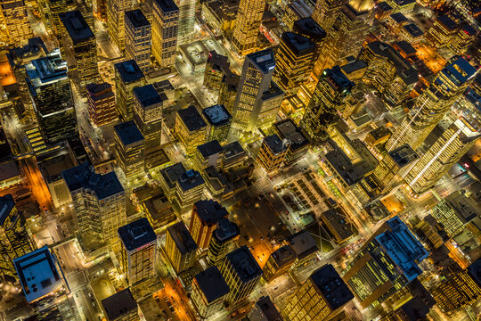 Aerial evening view of downtown Calgary, Alberta, Canada; Calgary, Alberta, Canada
