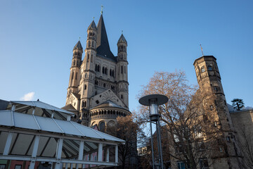 Outdoor sunny view at Fischmarkt , surround with shops, restaurants and bars in front of Great St....