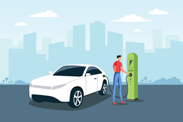 Young man charging his electric car at the charging station. Vector Eps 10 file.