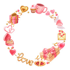 Round frame all about valentine's day: text Balloon-Love, hearts, gift, ring, beads. Hand-drawn watercolor illustration isolated on white background