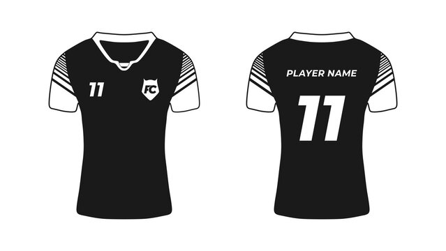 Sport t-shirt black icon design template, Soccer jersey mockup for football club. Uniform front and back view. Editable graphic resources for many purposes.