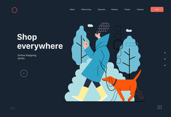 Shop everywhere -Online shopping and electronic commerce series -modern flat vector concept illustration of a woman walking with dog and shopping. Promotion, discounts, sale and online orders concept