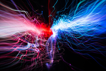 Red and blue light wave of energy with elegant glowing lines. Abstract technology background. High quality photo