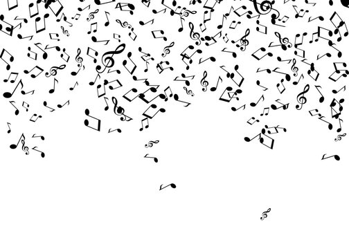 Many music notes and treble clefs falling on white background