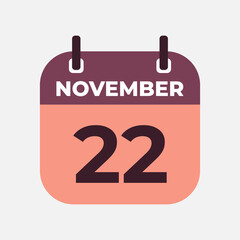 November 22 flat daily spiral calendar icon date vector image in matching color scheme. Suitable and perfect for design material, such as event or reminder.