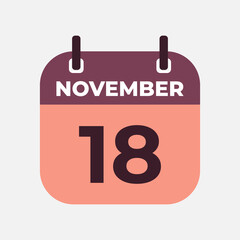 November 18 flat daily spiral calendar icon date vector image in matching color scheme. Suitable and perfect for design material, such as event or reminder.