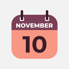 November 10 flat daily spiral calendar icon date vector image in matching color scheme. Suitable and perfect for design material, such as event or reminder.