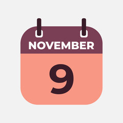 November 9 flat daily spiral calendar icon date vector image in matching color scheme. Suitable and perfect for design material, such as event or reminder.