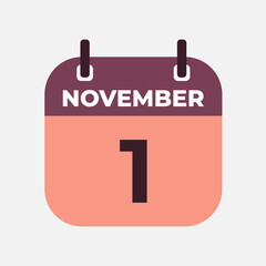 November 1 flat daily spiral calendar icon date vector image in matching color scheme. Suitable and perfect for design material, such as event or reminder.