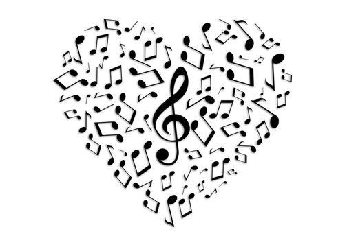 Shape of heart made with many music notes and treble clef on white background