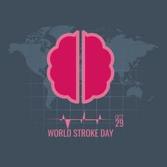 World Stroke Day vector illustration in trendy design style with brain icon, brain wave graphic and world map, in a matching color scheme. Perfect for many purposes design material you need.