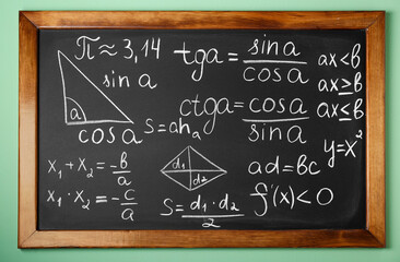 Chalkboard with many different math formulas on green wall